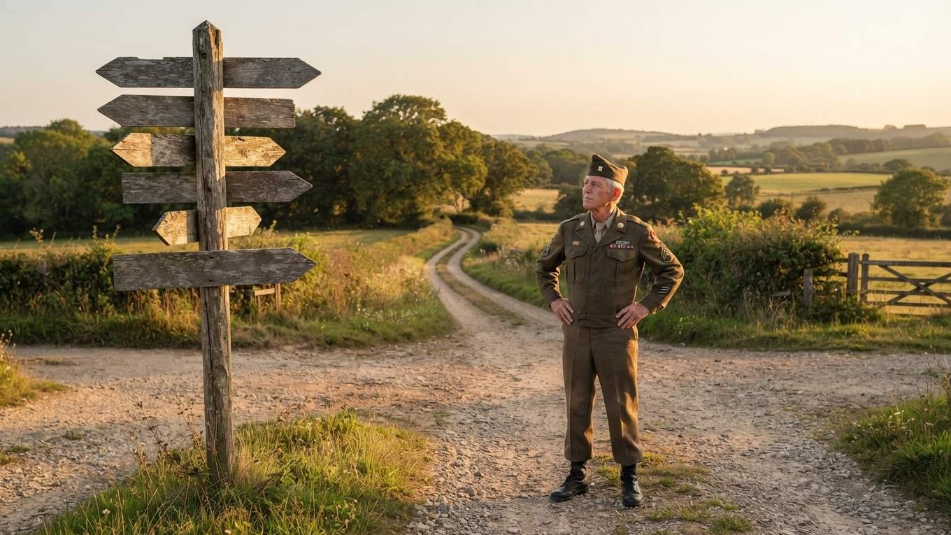 A veteran standing at a signpost, the opening image of the course After the Uniform
